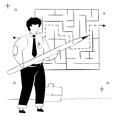 Illustration of a designer testing a route through a maze with a pencil